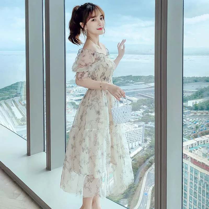 French High-grade Sweet Soft Style Mid-length Dress Women 2025 New Summer Floral Dress Fashionable Slim Printed Evening Dresses