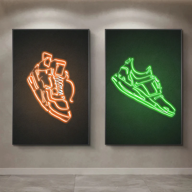 Neon Sign Sneaker Shoes Poster and Print Canvas Paintings Wall Art Fashion Sport Shoes Pictures for Boy's Room Home Decor No LED