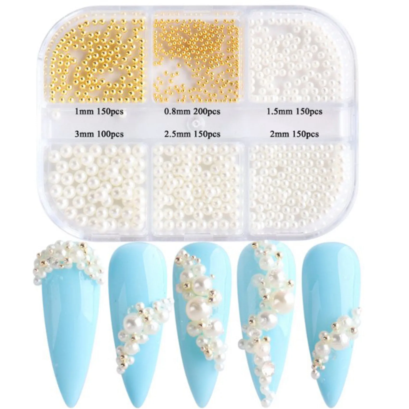 1Box Pearl Decorations Nail Charms White Round Nail Parts Gold Steel Beads Balls Jewelry Nail Art Accessories Color:ZZ01