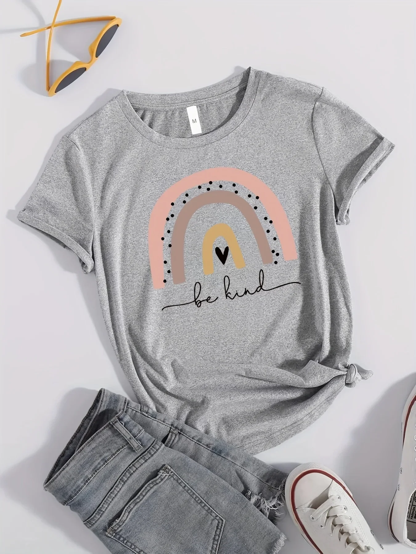 Be Kind Print T Shirt, Short Sleeve Crew Neck Casual Top for Summer & Spring, Casual Short Sleeve T Shirt Women's Clothing