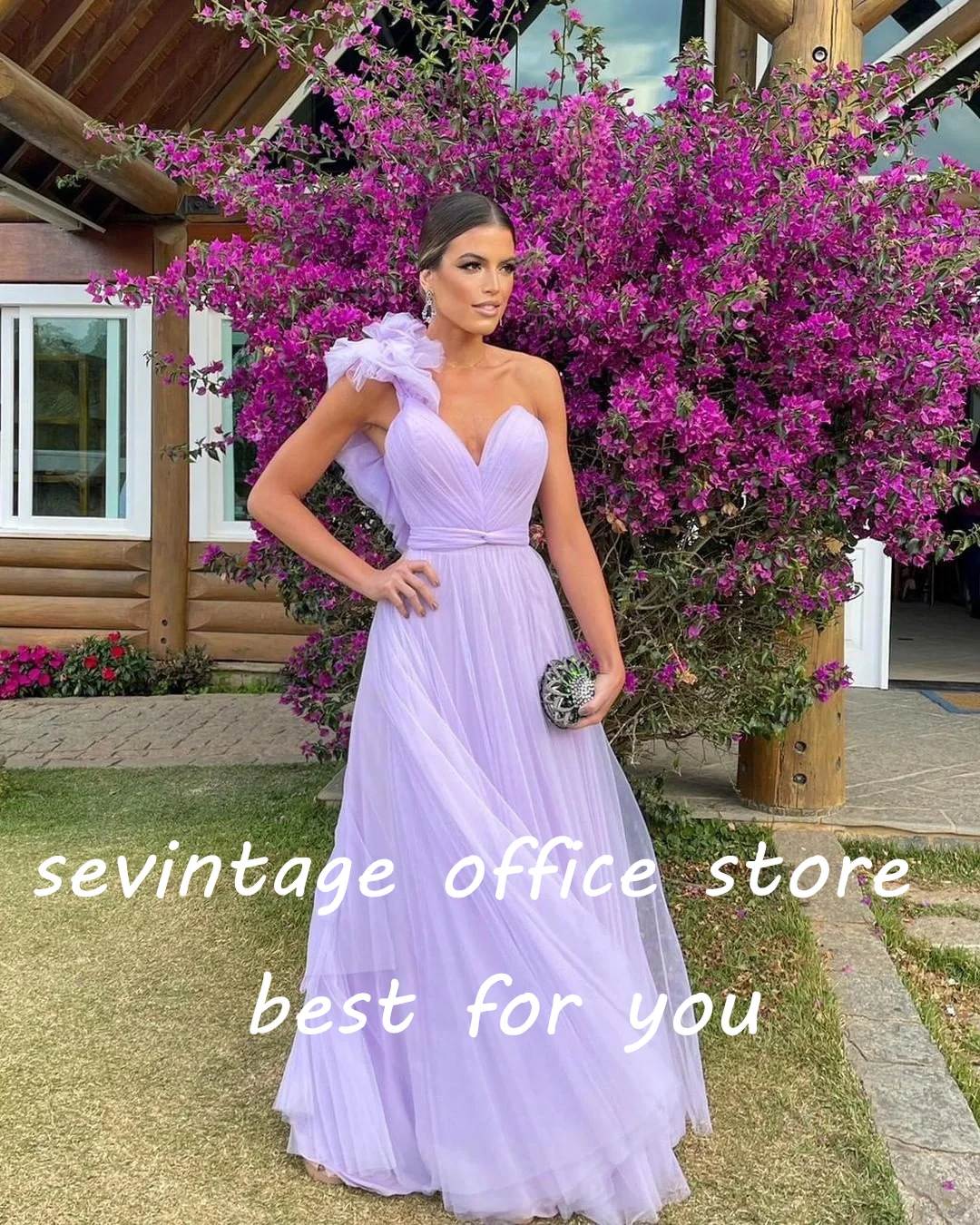 Sevintage elegante lavanda Tulle abiti da ballo una spalla senza maniche pieghe increspato a-line abiti da sera abito da festa formale 2023