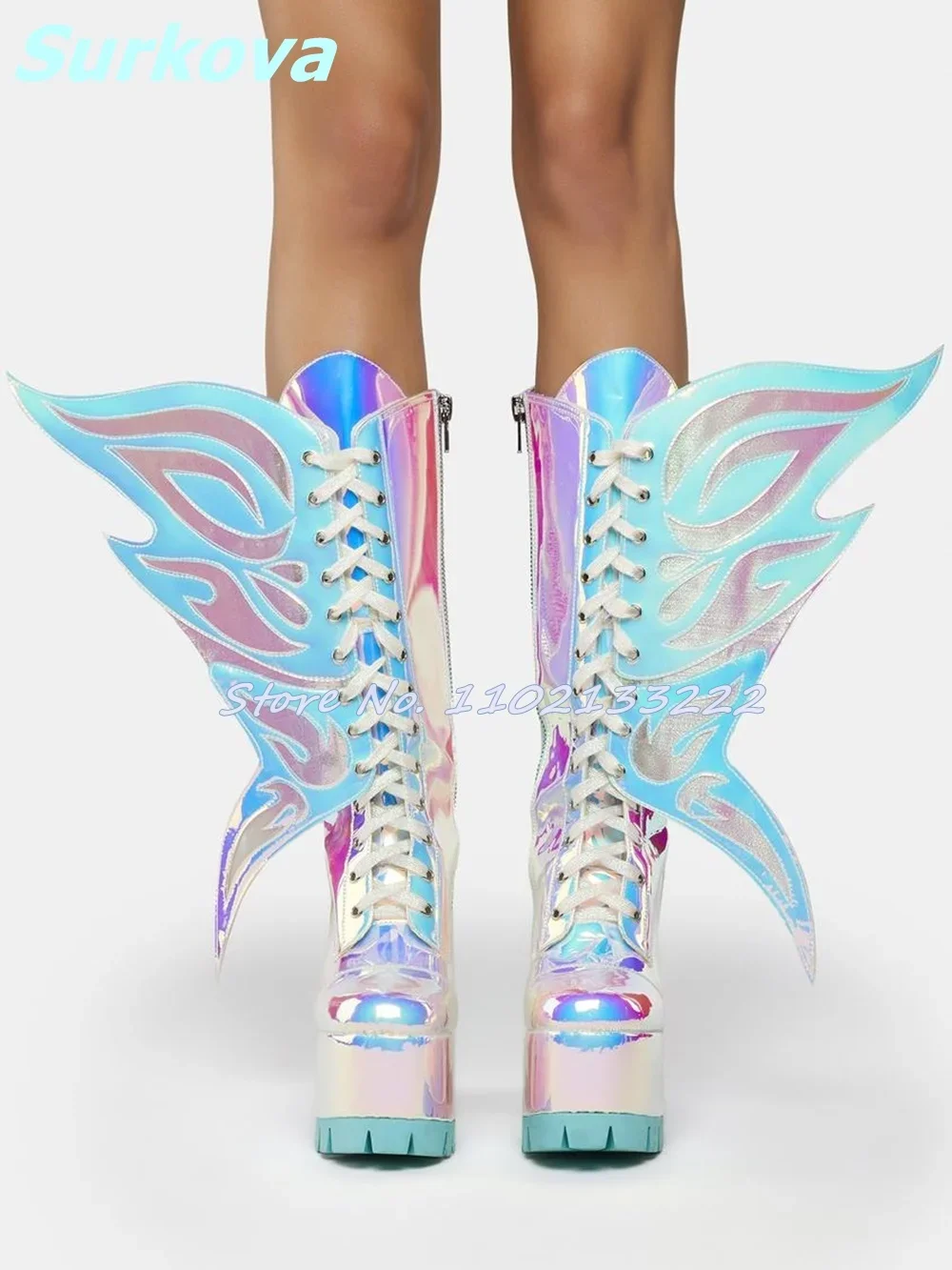 Butterfly Wings Platform Boots Round Toe Chunky High Heels Laser Knee High Boots Spring Autumn Winter Fashion Cool Women Shoes