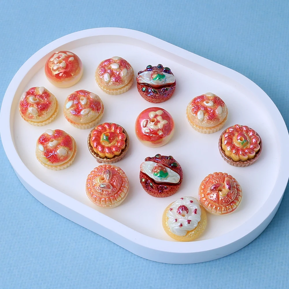 

12Pcs 2cm Resin Dessert Beads Random Mini Cake Bread Shaped Perforated Charms DIY Phone Chain Keychain Craft Jewelry Accessories
