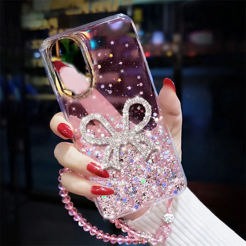 Diamond Bow Cover For Samsung Galaxy A53 A33 A73 A72 A52 A22 A32 A13 A51 A12 A11 A21S A02S A71 Glitter Wrist bracelet Phone Case