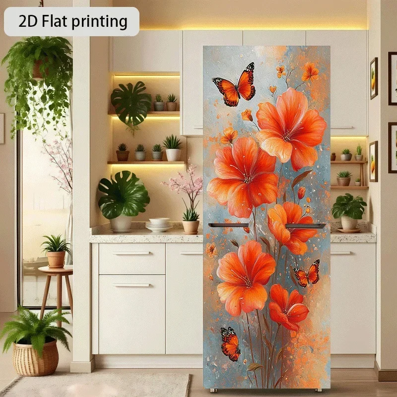 Refrigerator Sticker 'Orange Blossom Butterfly Shadow' Theme Design Wall Sticker Decorative Wallpaper Self-Adhesive Suitable F