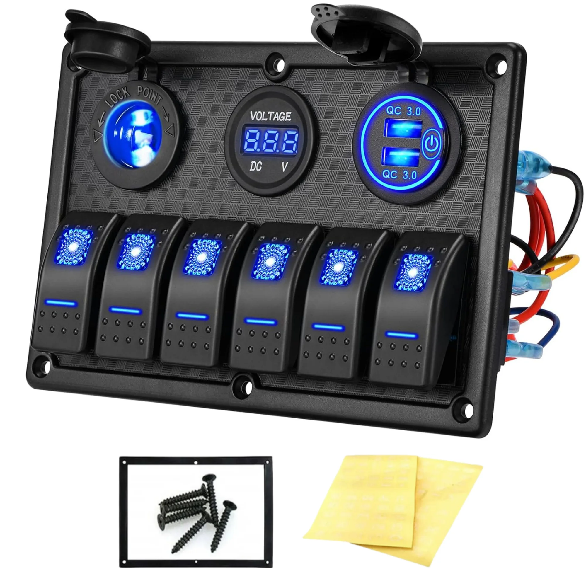 12V Rocker Switch USB Panel with LED Voltmeter Car Charger Socket 6 Gang Marine Toggle Switch Panel Waterproof for Boat Jeep RV