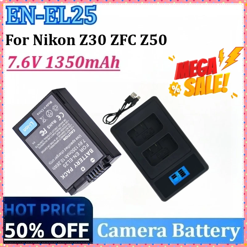 

New 7.6V 1350mAh 10.26Wh EN-EL25 EN EL25 Camera Battery for Nikon Z3 ZFC0 Z50 4241 Rechargeable Battery MH-32 with Charger