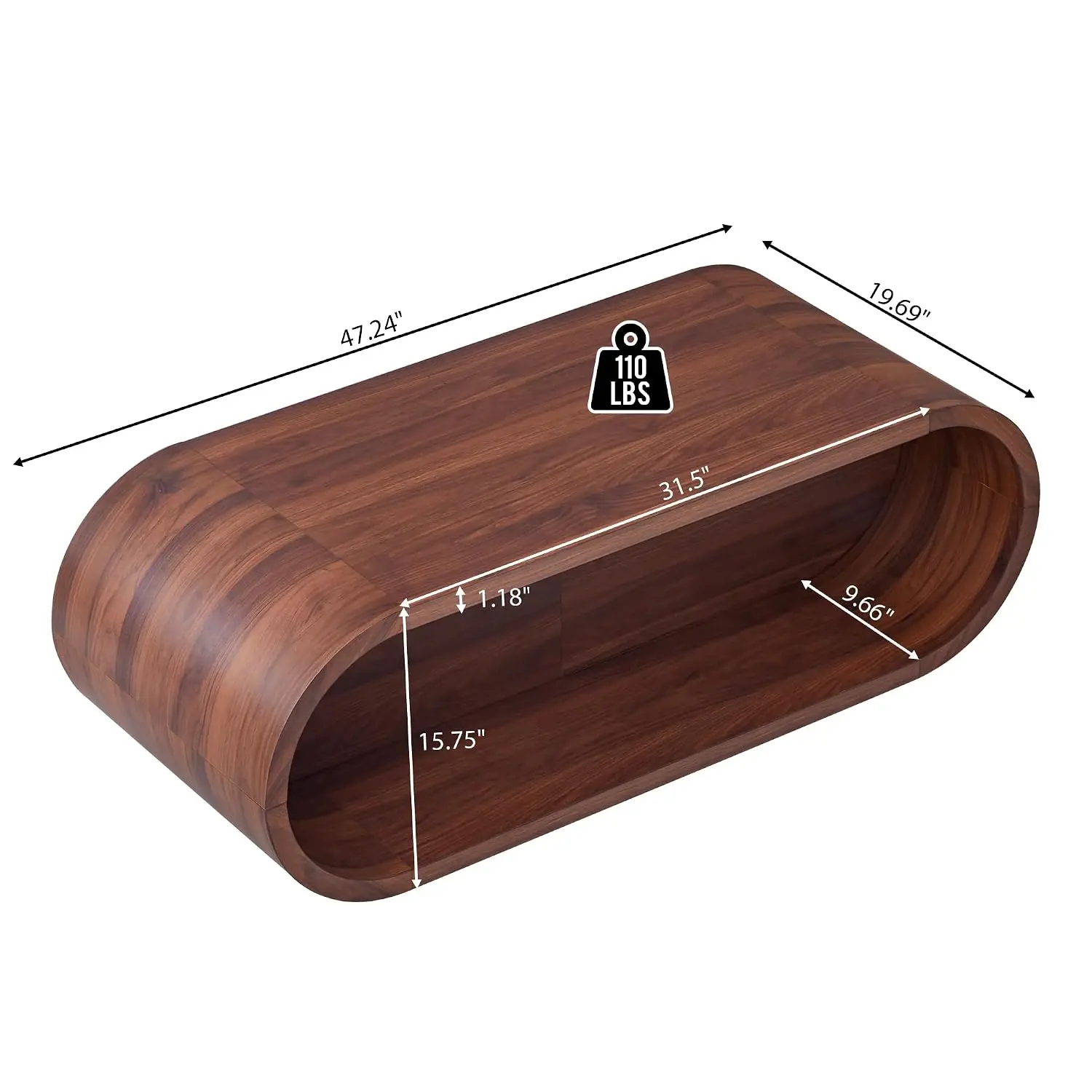 Oval Coffee Table 2-Tier Storage Shelf Modern Curved Wood Accent Table Living Room Small Space 47'' Walnut, Customized