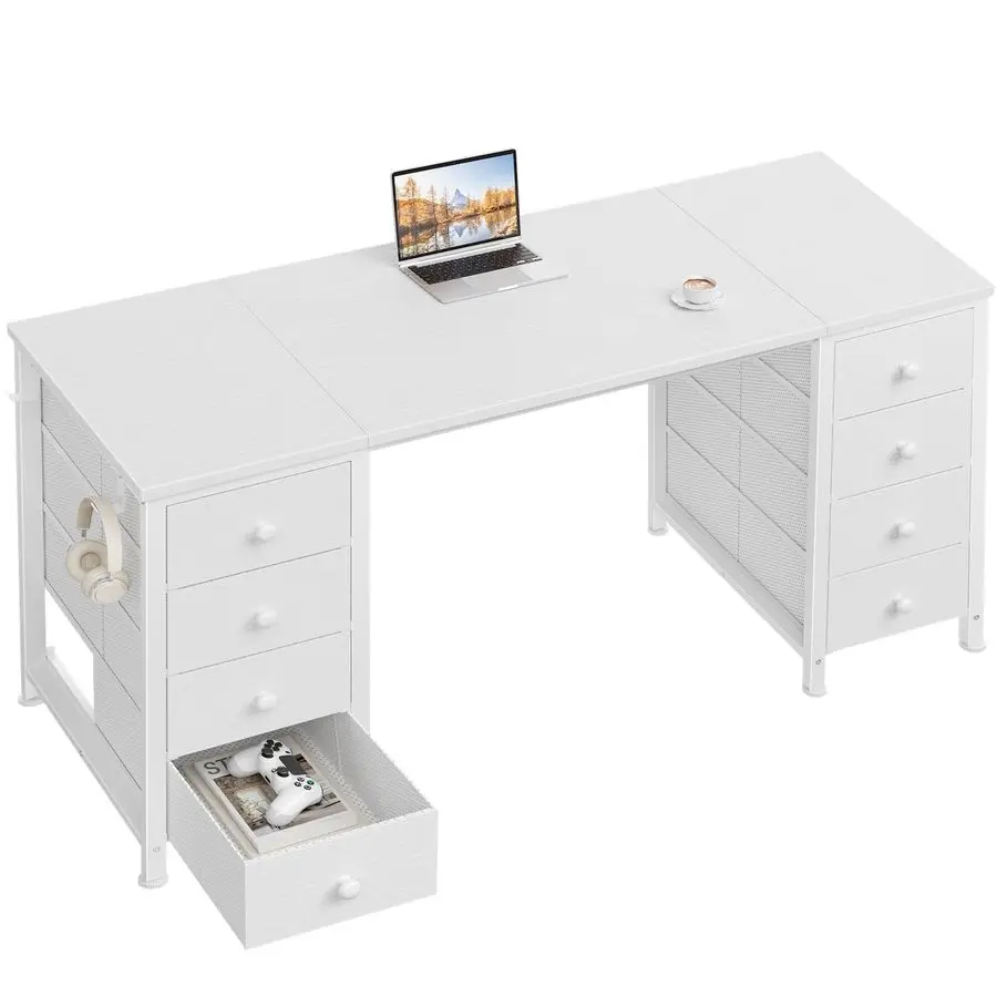White Computer Desk with Drawers on Both Sides for Home Office, 55 inch Girls Teens Desks with Storage Writing Study Table for B
