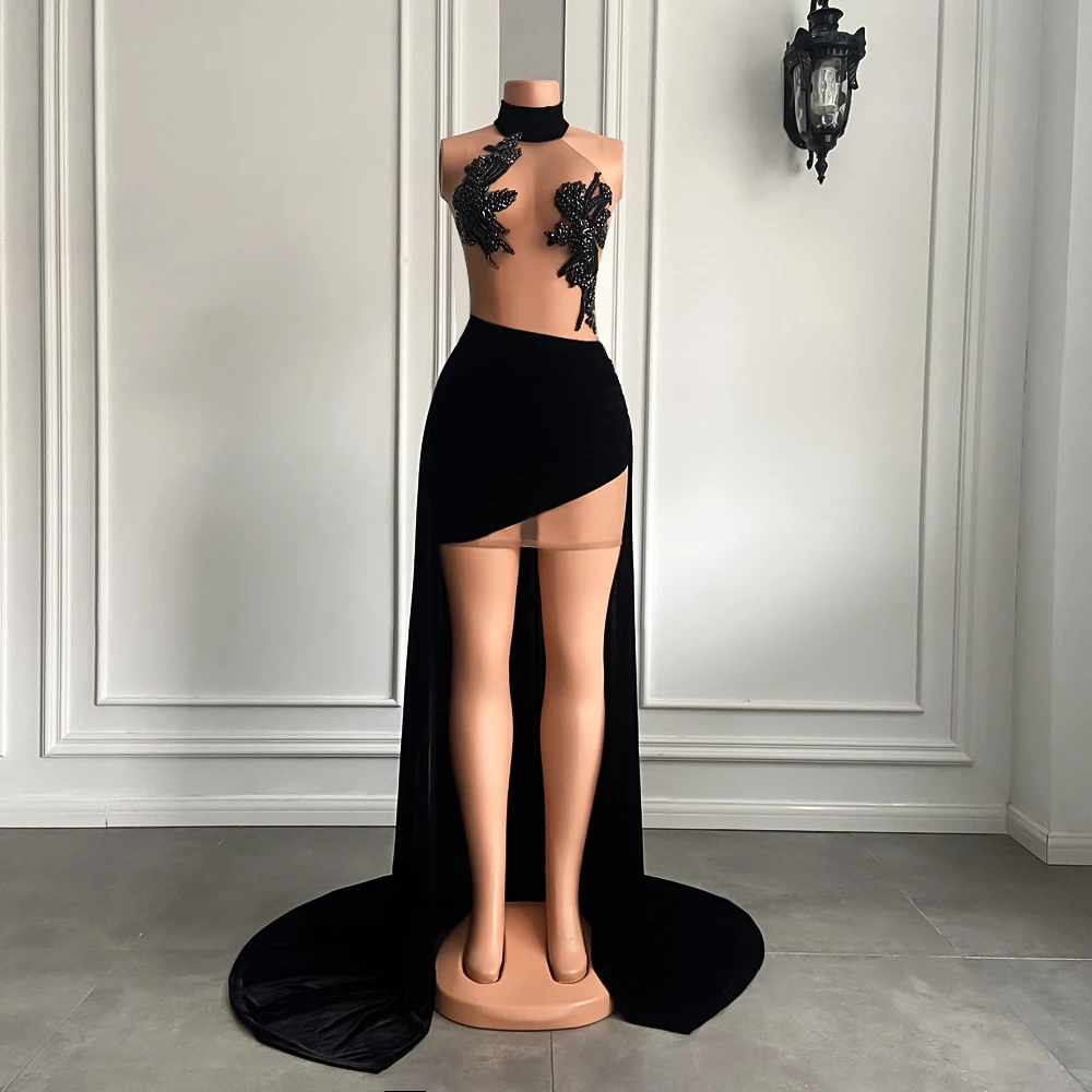 Sexy See Through Sparkly Beaded Women Birthday Party Gowns Short Front Long Back Girl  Velvet Short Prom Dresses 2026