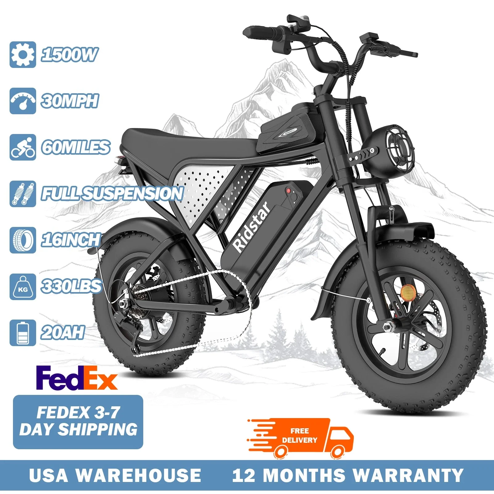 

Ridstar Electric Bike for Adults 1500W 48V 20AH Electric Motorcycle 16" Fat Tire Dirt Bike City Commuter Ebike 7-Speed UL2849