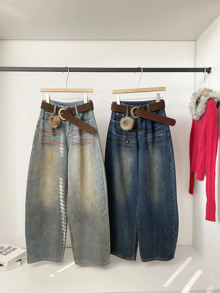 

Женские джинсы с высокой талией и широкими штанинами из плотного денима, в стиле ретро, с эффектом потертости, осенне-зимняя новинка, американский дизайн, свободный крой