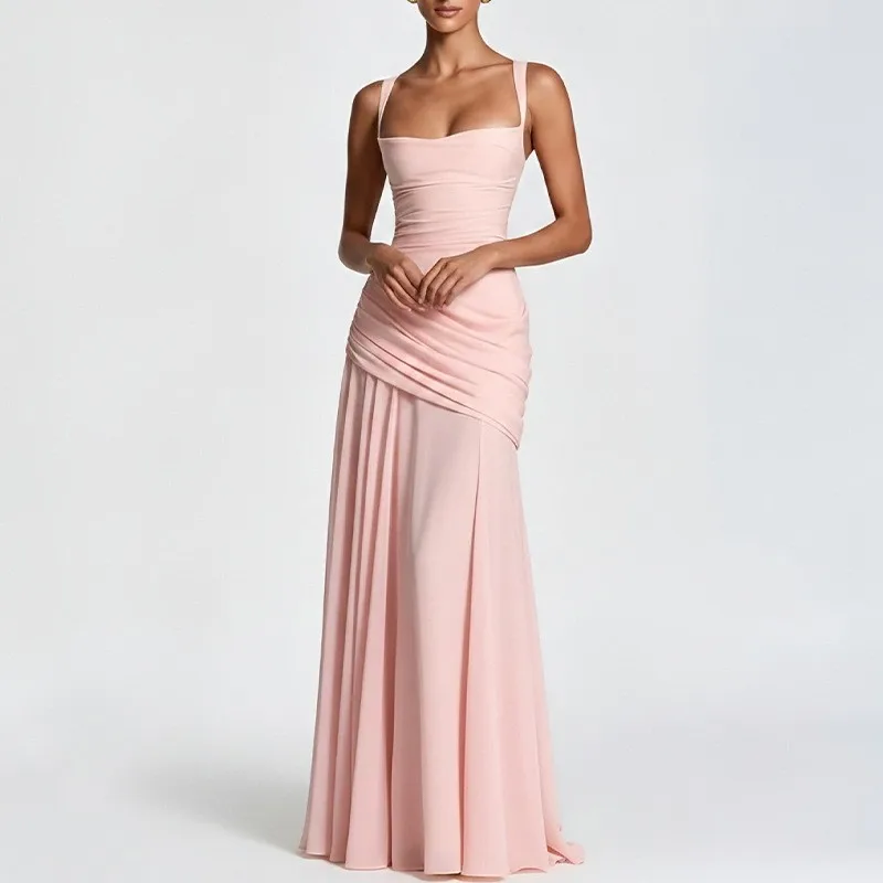 Single V Neck Gown Loose Fit Streetwear with High Waist Dress Summer Three Quarter Sleeve Regular Sleeve Strap Dress for Women