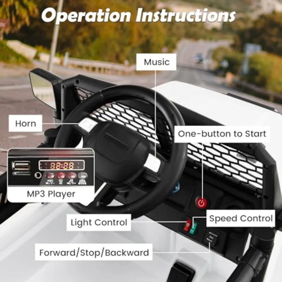 รถของเล่นเด็กขับได้ ใช้แบตเตอรี่ 12V พร้อมรีโมทคอนโทรล ระบบกันสะเทือนแบบสปริง ไฟหน้า ลำโพงเพลง แตร รองรับ MP3 ช่องเสียบ USB และ Aux