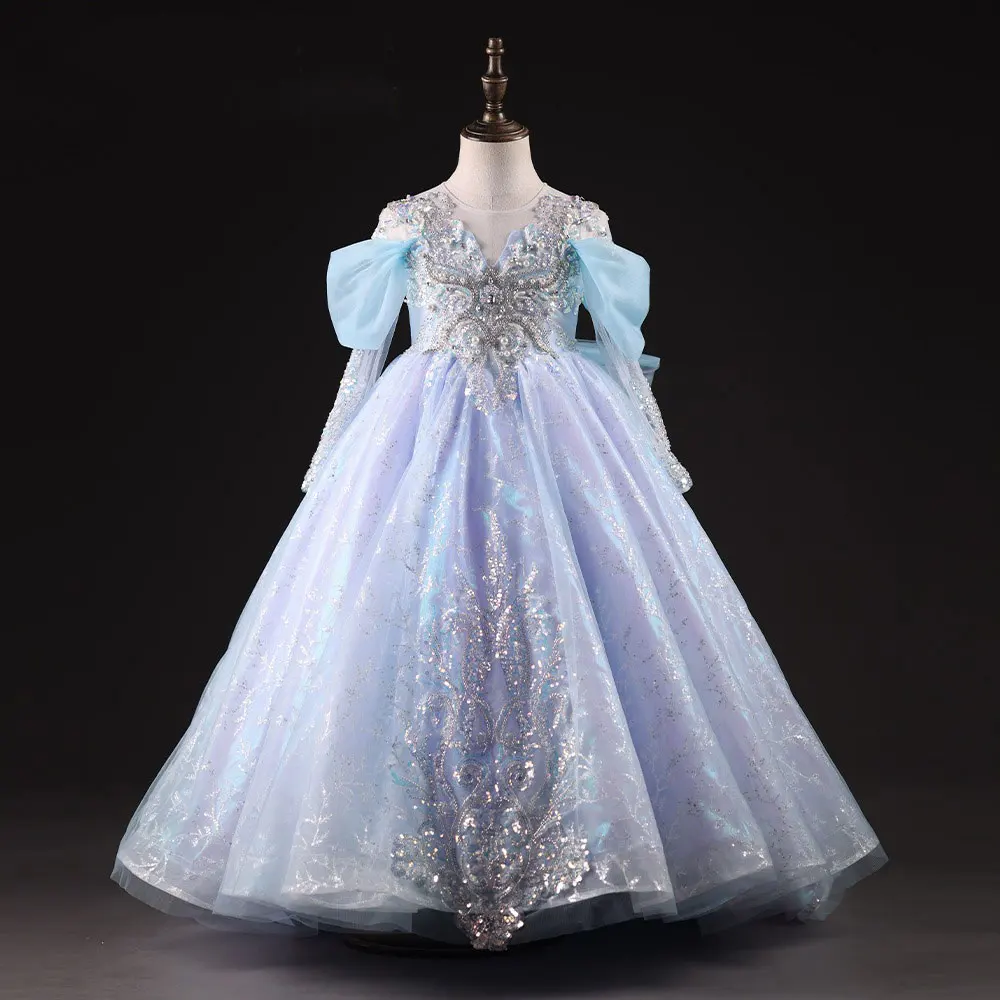 

Jill Wish Luxury Dubai Sky Blue Girl Dresses Pearls Beading Princess Evening Gown for Kids Birthday Wedding Party Pageant J035