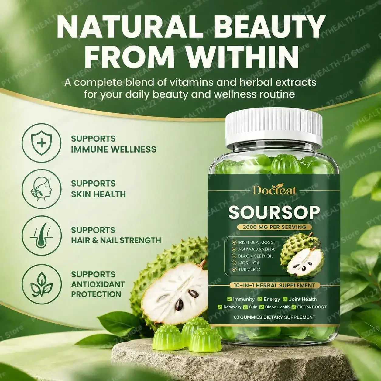 Soursop Gummies, 10-in-1 Vitamin Herbal Blend, Supports Immune Defense, Skin & Hair Health, Antioxidant Wellness, 60 Gummies