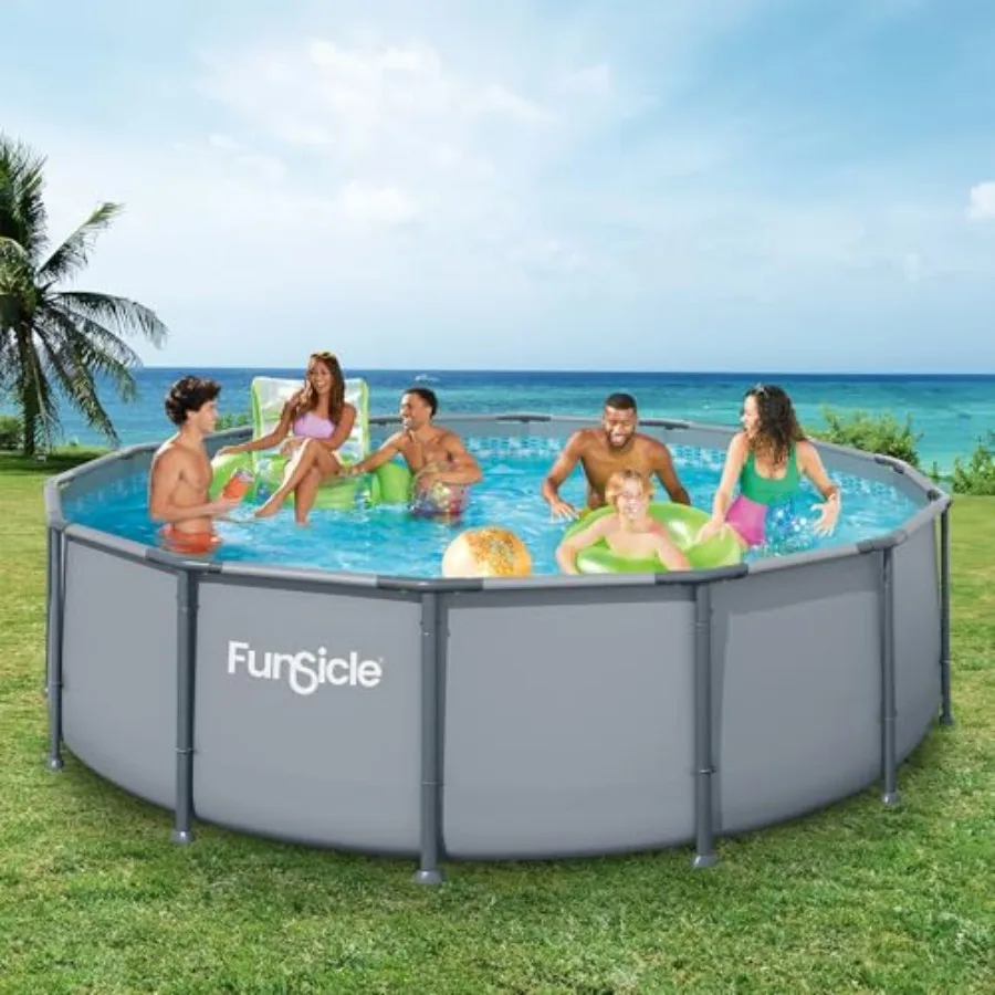 Above Ground Swimming Pool for Backyard Use Cool Gray Vinyl Material Round 14' x 42 Includes FiltraBoost 1200 GPH Filter Pump w