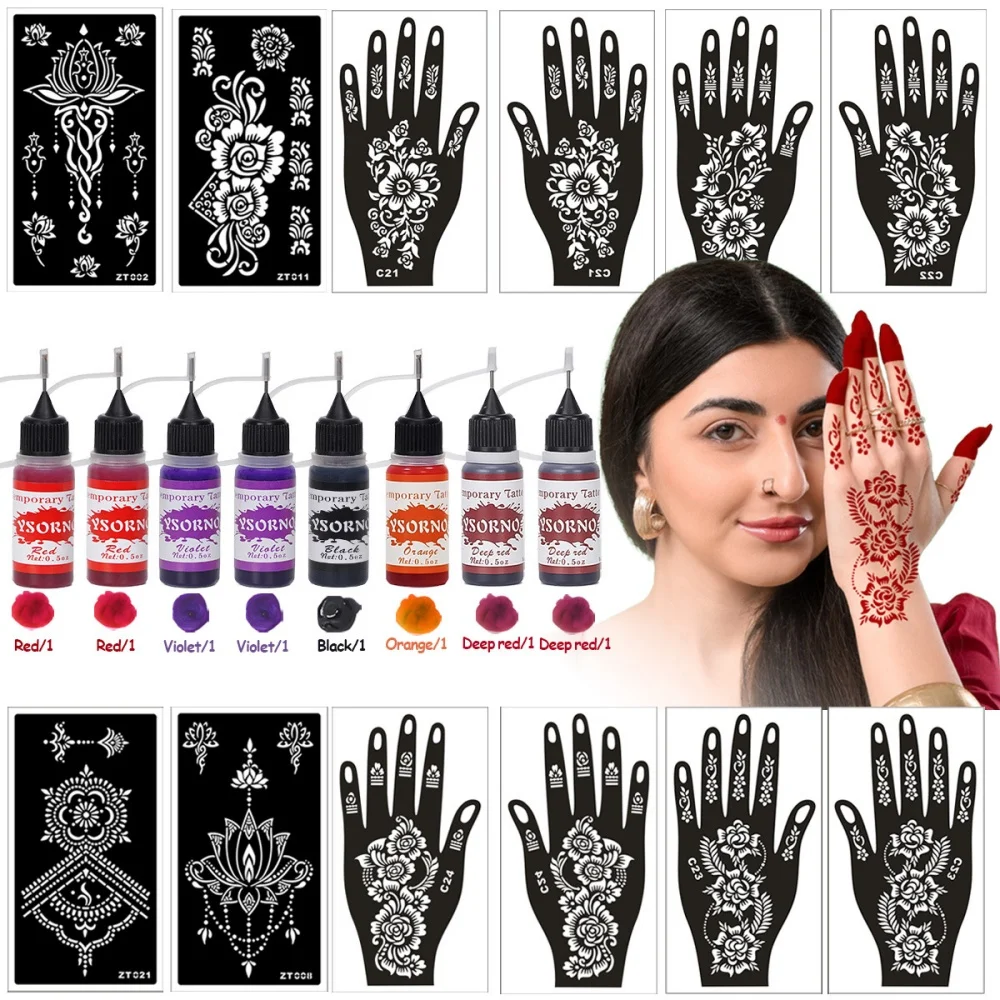 

8 бутылочек трафаретов для татуировки хной, водостойкая паста для татуировки хной, боди-арт, хна, легко наносится, временный набор для татуировки для фестиваля