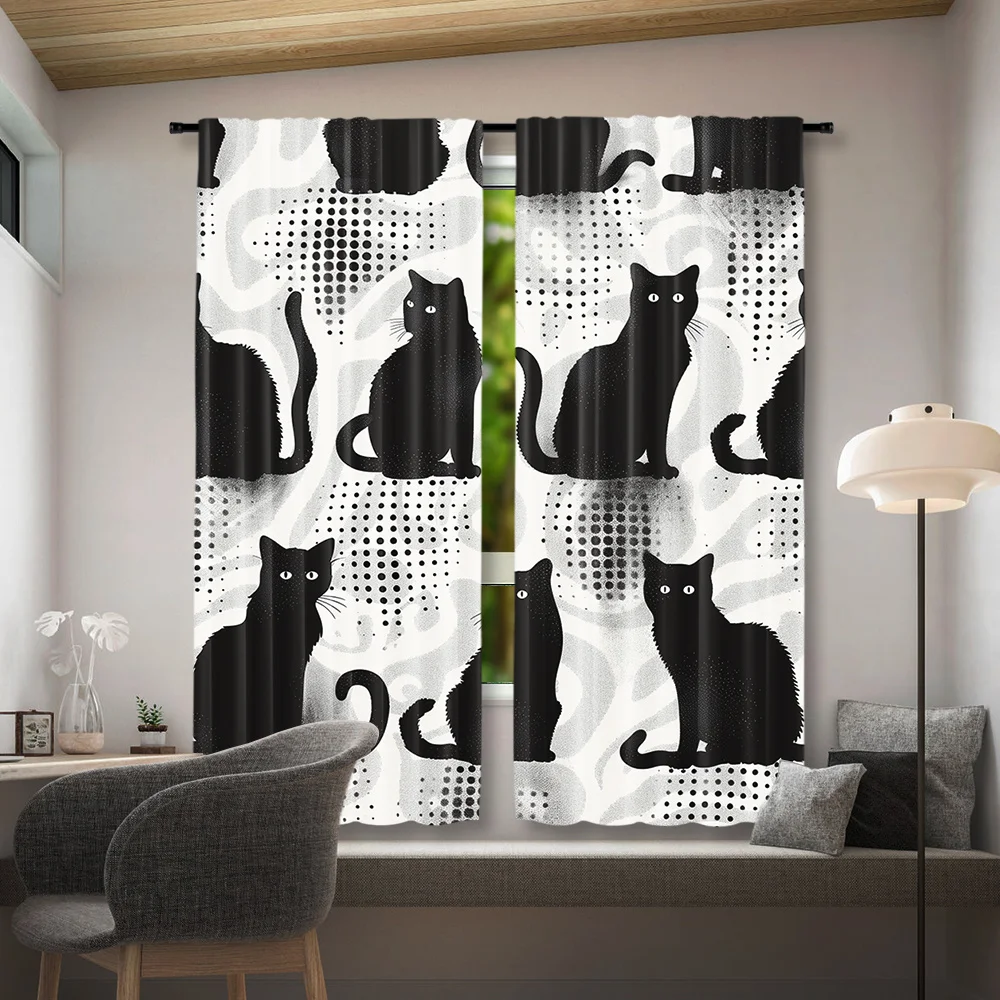 Monochrome Black Cat Theme Curtain 2 Panels Halftone Dot Swirl Background Living Room Curtain Modern Retro Pet Home Decor