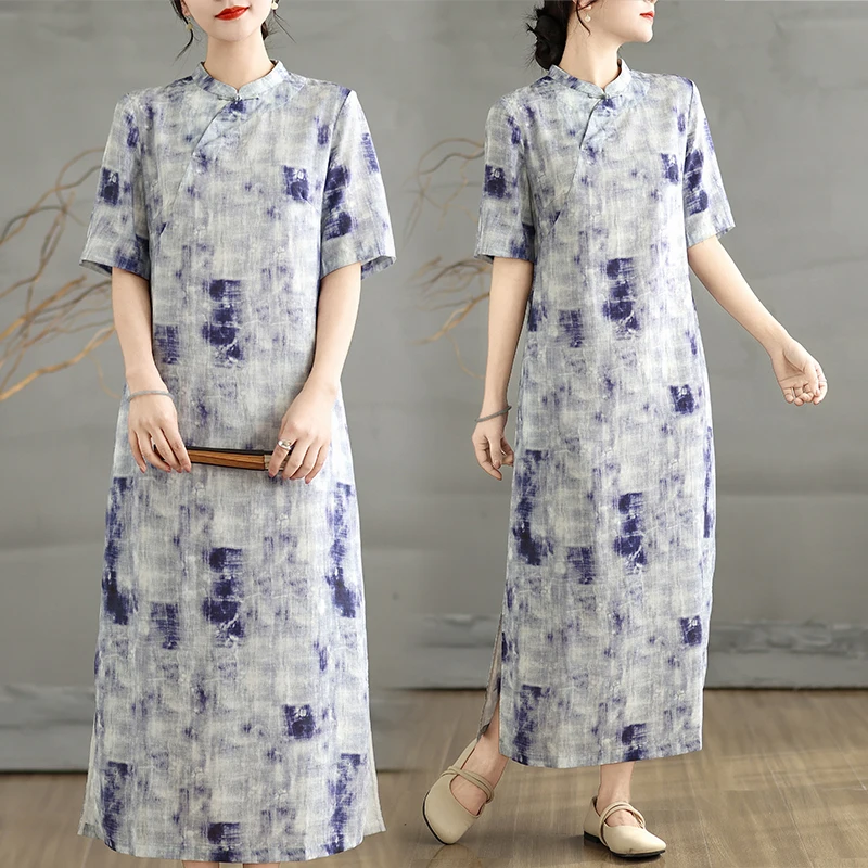 

Новый китайский Sle Reformed для женщин весна-лето f с открытым круглым воротником и принтом, художественный чай Dr ort Sve Knee-...