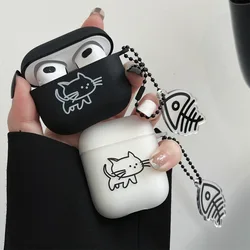 Black White Matte Soft Earphone Charging Case For Airpods4 3 Cute Line Cat Bluetooth Soft Silicone Cover For Airpods Pro 1 2 Bag