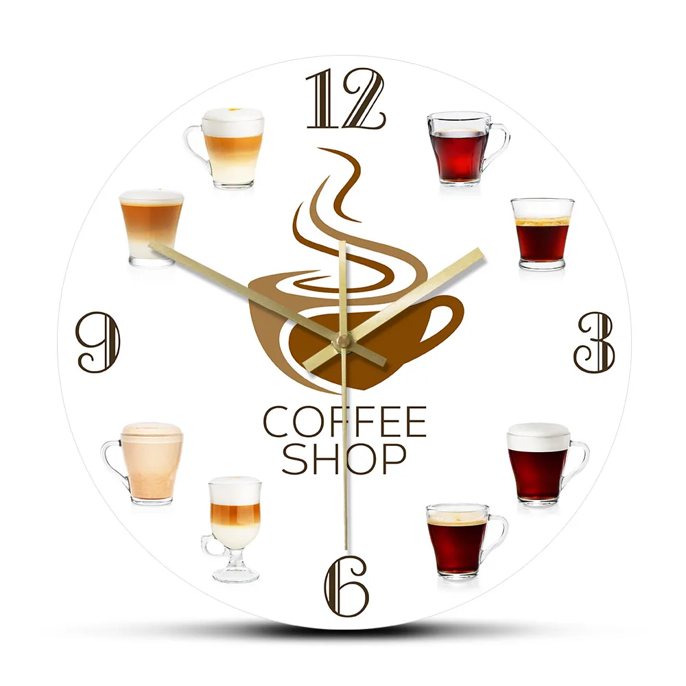 Different Types Of Coffee Quiet Sweep Quartz Wall Clock Coffee Shop Decor Timepieces Cafe Relax Time Printing Artwork Wall Watch