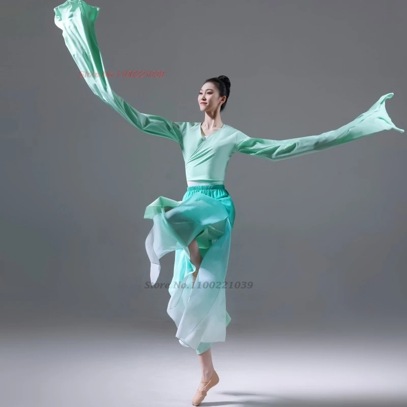 2025 chinese vintage dance costume national gradient color chiffon tops+pants traditional stage performance practice dance suit