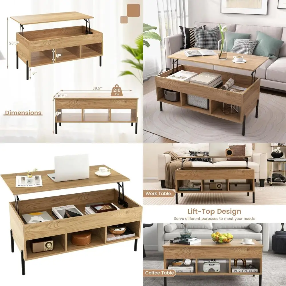 

Modern Rectangular Coffee Table with Concealed Compartment and Open Shelves, Versatile for Living Room, Den, or Office (Natural