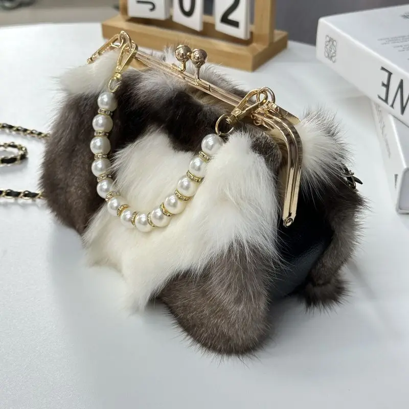 New High-end Real Fox Mao Bag Fall and Winter Clip Women's Handbag Mao Bag Women's Handbags Messenger Bag Temperament Commuting