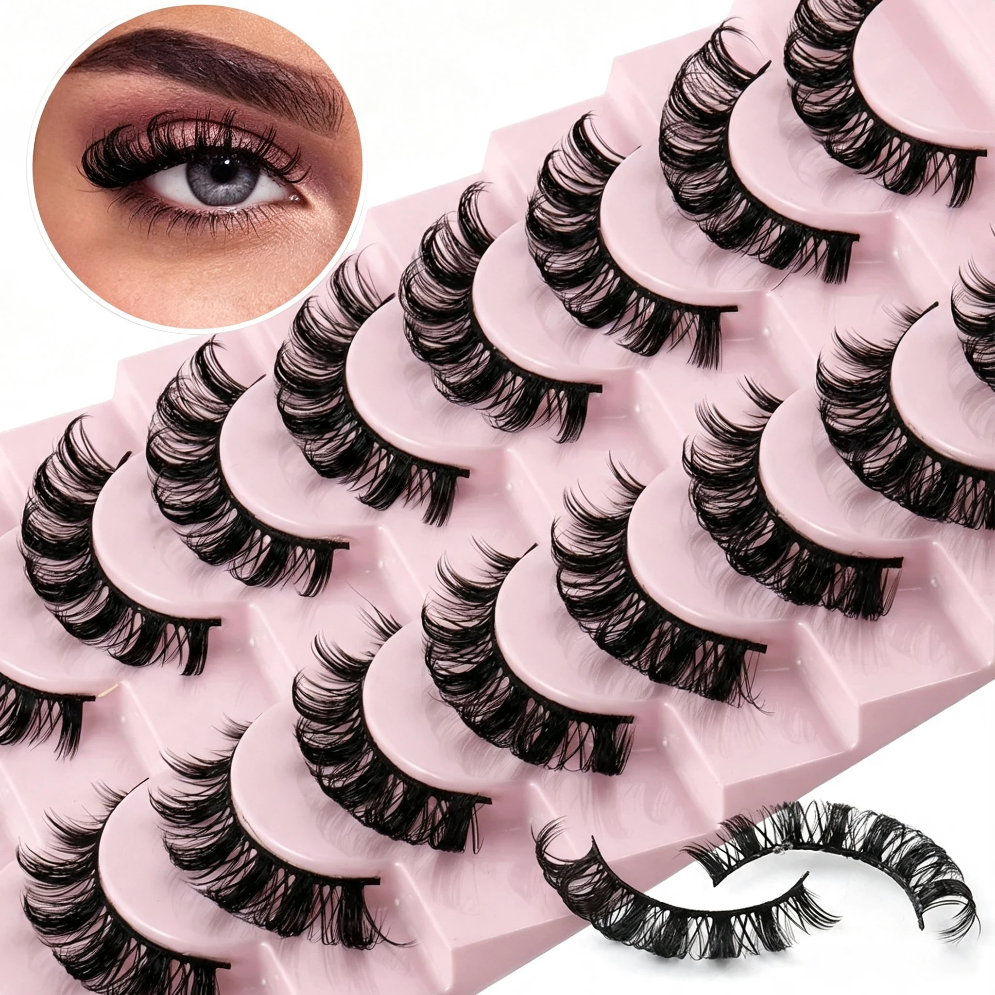 10 Paar Russische D-Curl Faux Mink Wimpern, Dramatische Flauschige Voluminöse Falsche Wimpern, Buschig, Weich, Wiederverwendbare Streifenwimpern