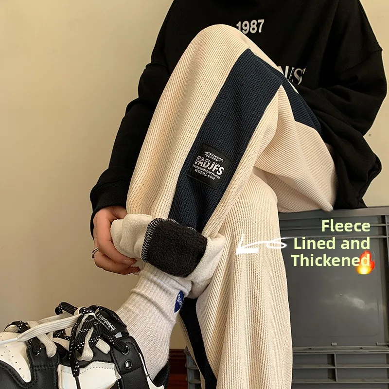 

Thiened Corduroy Sports Pants Men's American Retro Striped Winter Fce Lined Thi Casual Trousers Cuffed Sweatpants