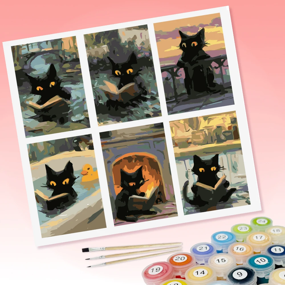 6 Stücke DIY-Malereien mit schwarzenden Katzen im Lesezustand, sachkundige und ruhige Atmosphäre, geeignet für die Wanddekoration zu Hause. – Detail 1