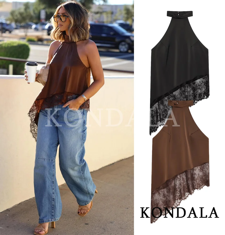 

Модный сексуальный атласный топ-халтер KONDALA для женщин, асимметричный топ с кружевным подолом в стиле High Street, коллекция Весна-Лето 2026, праздничный женский топ