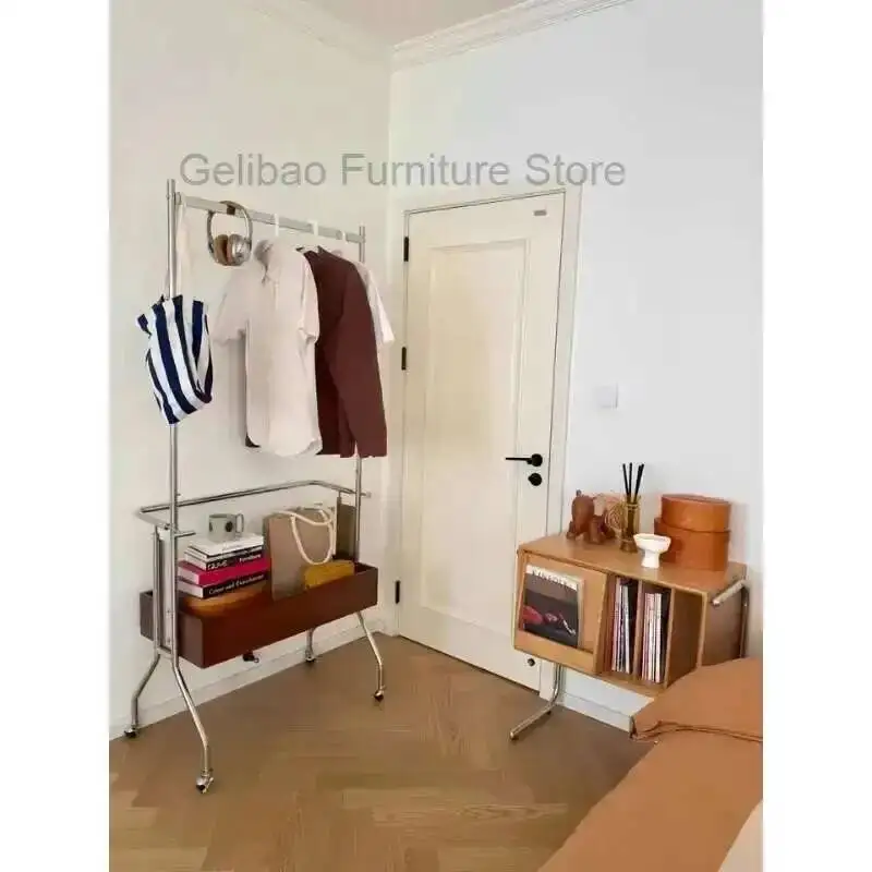 Bedroom Double-layer Coat Rack, Solid Mobile Wood Storage, Secondary Cleaning, Laundry Basket, Floor-to-ceiling Drying Hanger