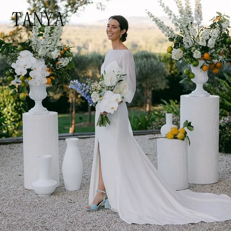 Elegancka suknia ślubna Merimaid z miękkiej satyny i szyfonu z długimi rękawami bez pleców z wysokim rozcięciem i prostą suknią ślubną G4555