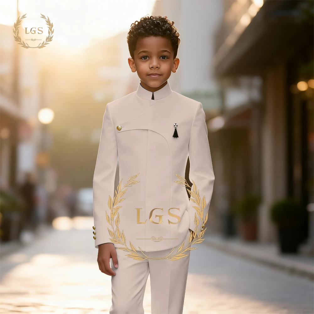 Boys' Custom Premium 2-Piece Suit Set – Stand Collar Asymmetric Blazer & Dress Pants for Special Occasions