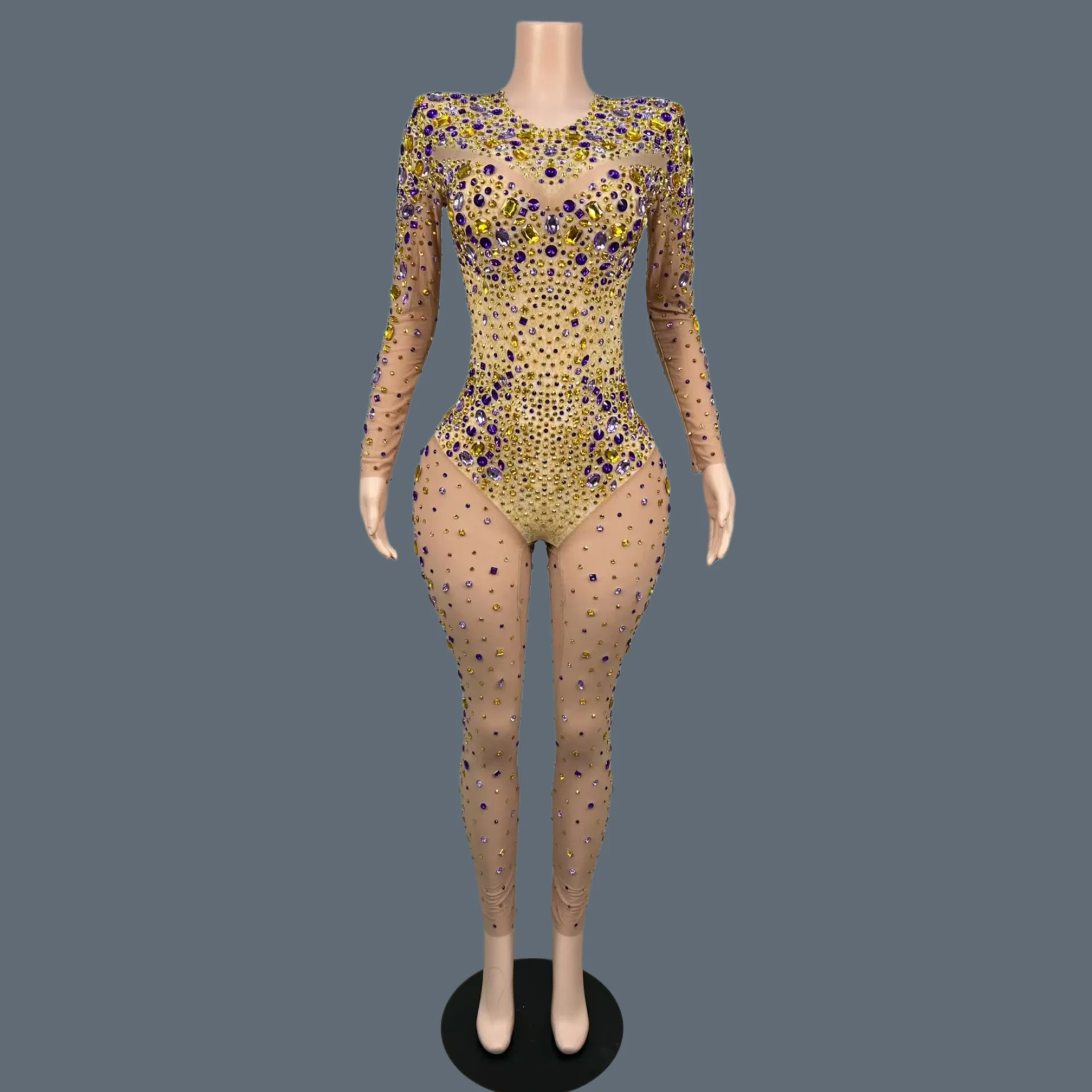 

Sexy Women Dance Show See Through Mesh Tight Fitting Jumpsuit Crystals Nightclub Drag Queen Performer Jumpsuit Outfit Jintan