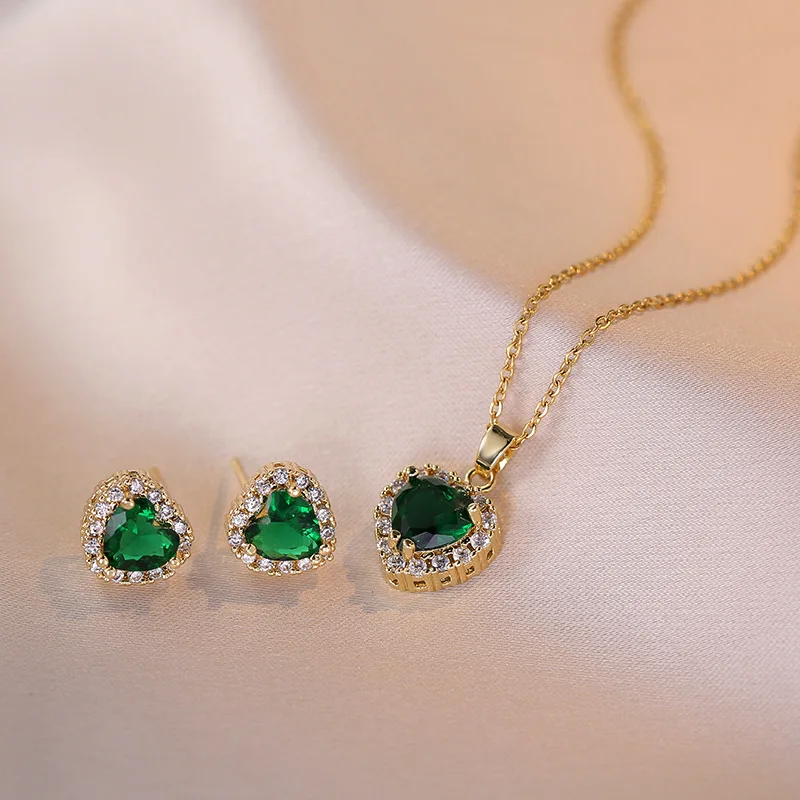 Green Stone Heart Stud Earrings and Pendant Clavicle Necklaces For Women Gold Color Zircon Bridal Jewelry Sets Mothers Birthday