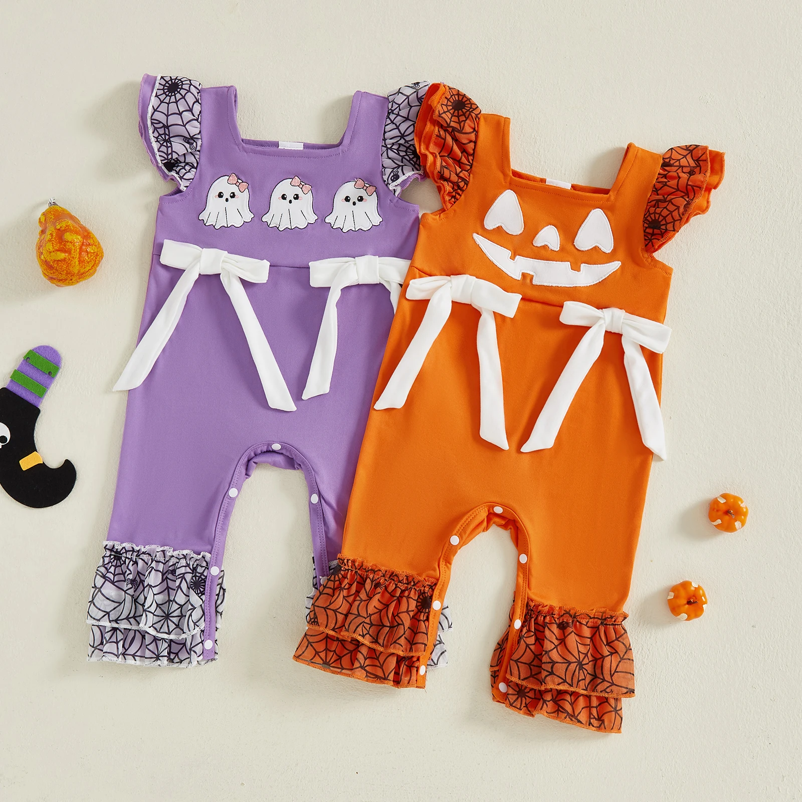 

Tregren 0-18M Newborn Baby Girls Halloween Jumpsuit Cute Fly Sleeve Square Neck Embroidery Ghost Casual Romper Infant Clothes