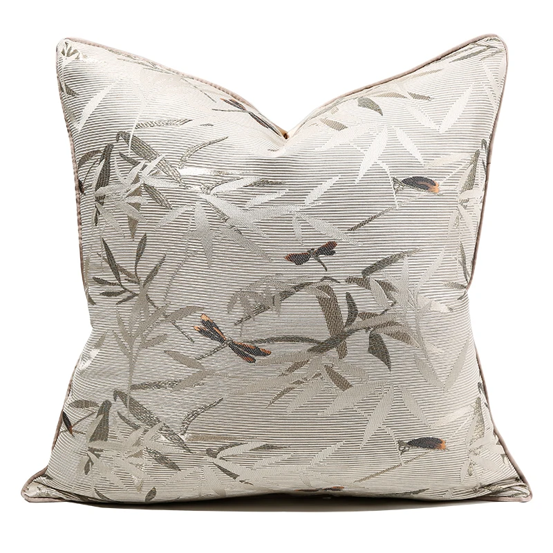 Embroidery Bamboo Leaves Pillow Cover, Arabic Style Cushion Cover for Sofa Bed, Beige Gray Luxury Home Decor