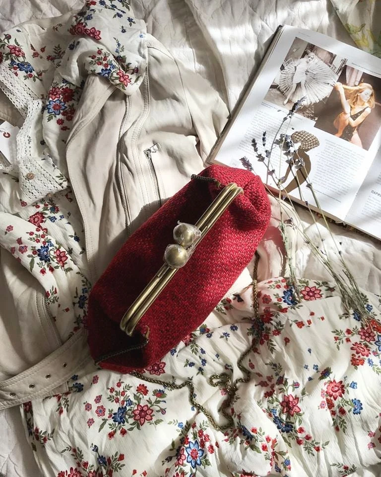 Lost in Vintage Kisslock Clac Clic Bag Plaid Woolen Fabric Frame Clutch Bronze Large Ball Kiss Lock Evening Clutch 38x24x8cm