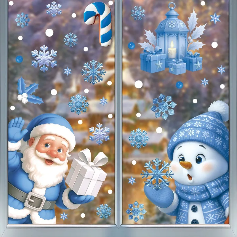 

Christmas Blue Snowman Window Stickers Santa Claus Bird Snowflake Elk Ornaments Merry Christmas 2025 Happy New Year 2026