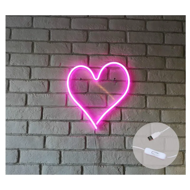 13.4”x12.6” Heart Shape Neon Sign Wall Hanging Sign Wall Art Bar Kid’s Bedroom Party Home Night Light USB Switch(Pink Heart)