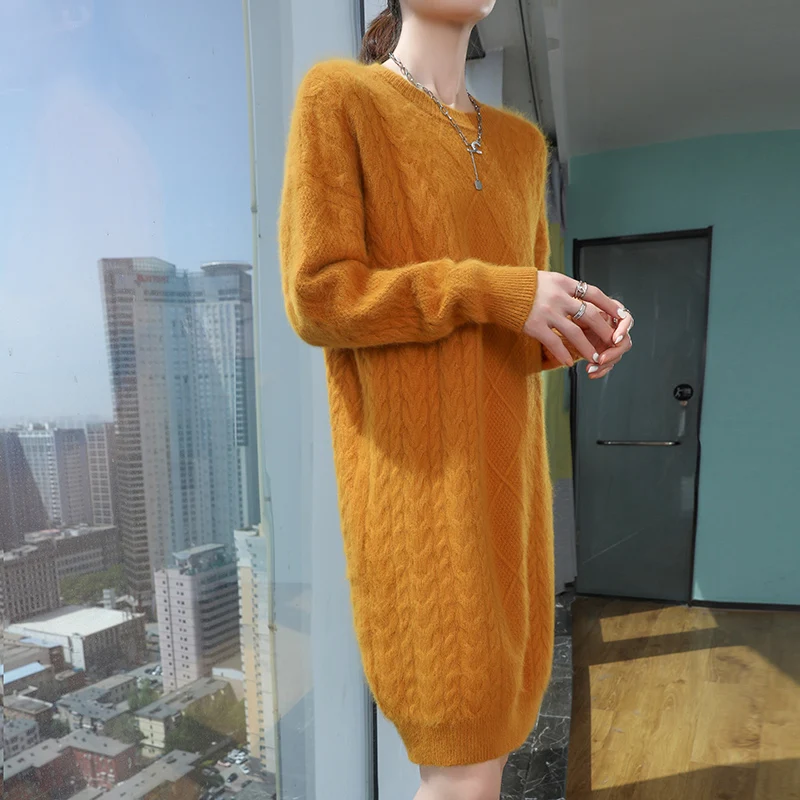 Thick Soft  100%  Mink Cashmere  Elastic Sweater  Pullover Women  O-Neck  Long Sleeve Knitwear Basic Elegant Warm Long Dress