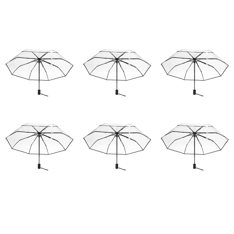 【Beliebt】 6-facher Regenschirm für Damen und Herren, Sonne, Regen, Auto, kompakt, faltbar, winddicht, transparenter Regenschirm, transparent + schwarzer Rand