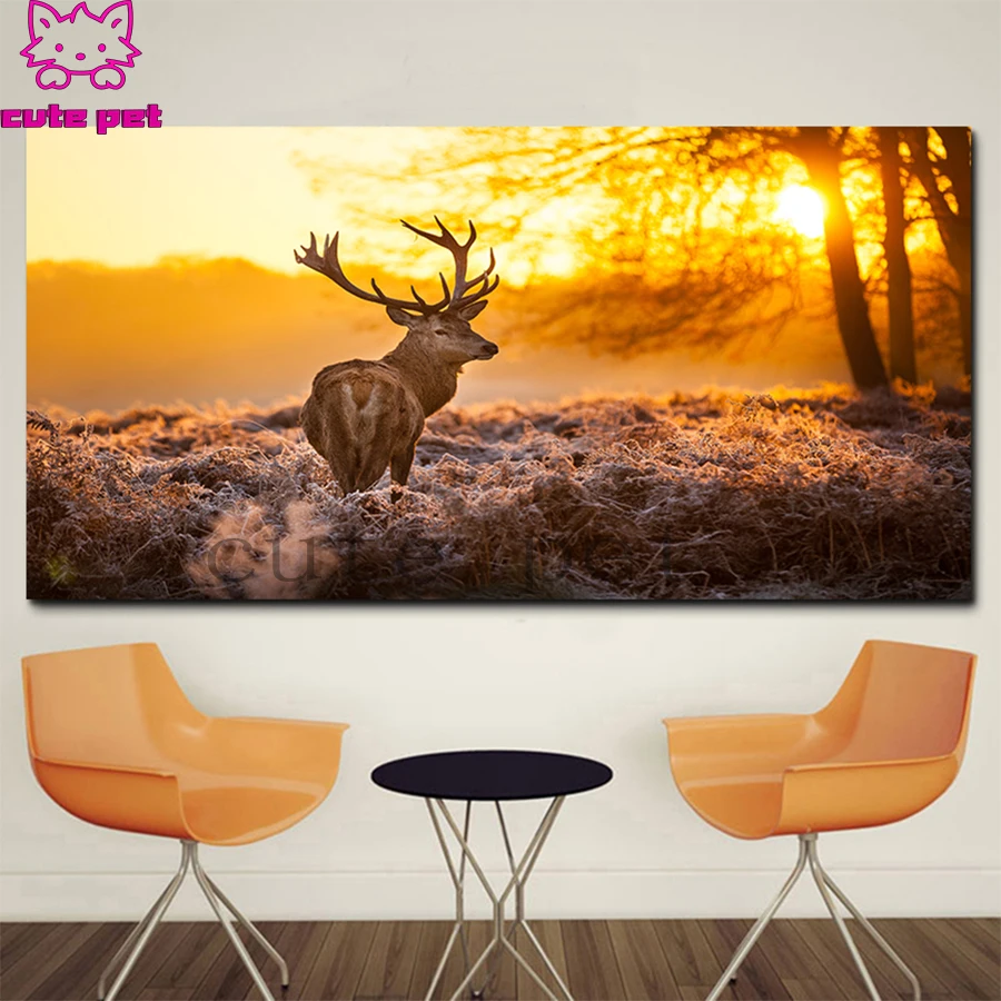 3d round square diamond embroidery Modern art, forest sunset, deer  Diy full diamond painting stitch cross mosaic picture