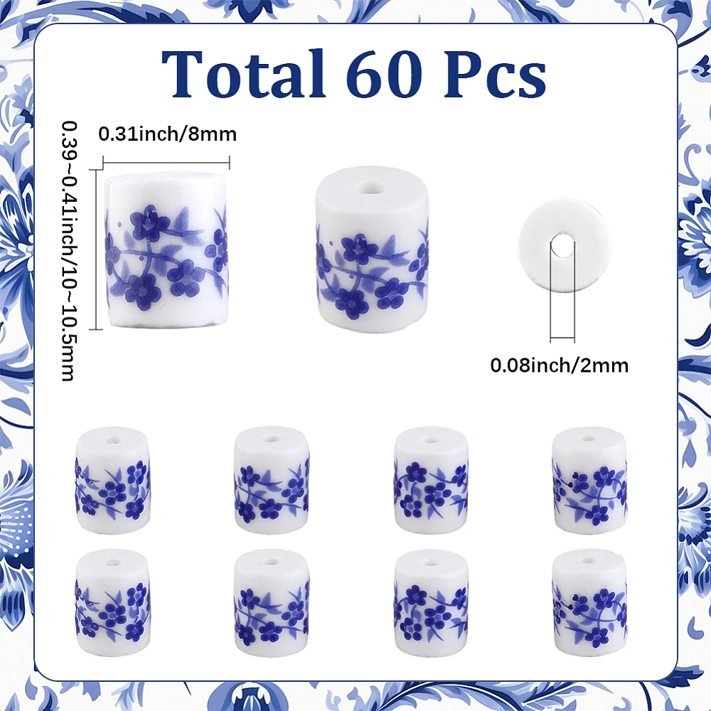 60Pcs 8mm Porcelain Beads Blue Flower Ceramic Beads Bulk Smooth Printed White Column Porcelain Chinese Floral Loose Spacers
