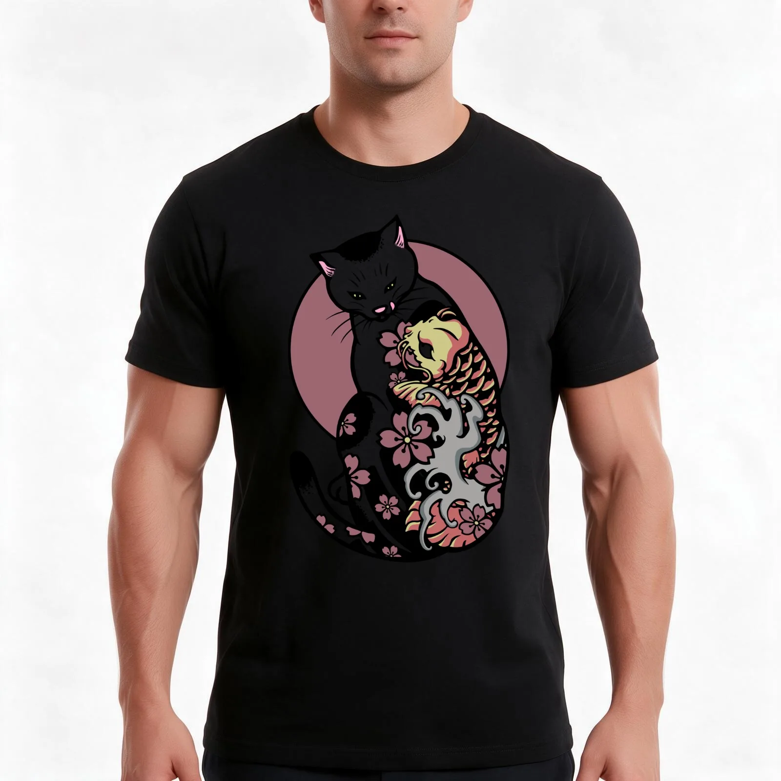 Monmon cat - Cat with japanese tattoo -Ko? Fish T-Shirt, Summer Casual Cotton Tee, Oversized Streetwear Tops, Unisex Men Women