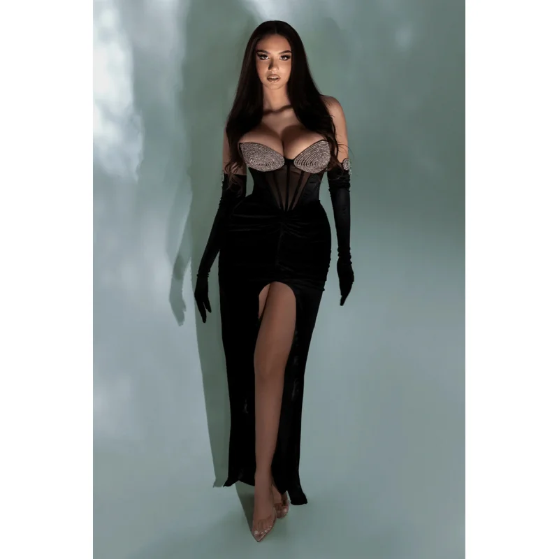 Abito da festa da socialite con spacco nero trasparente senza spalline sexy con strass lucidi di nuovo arrivo