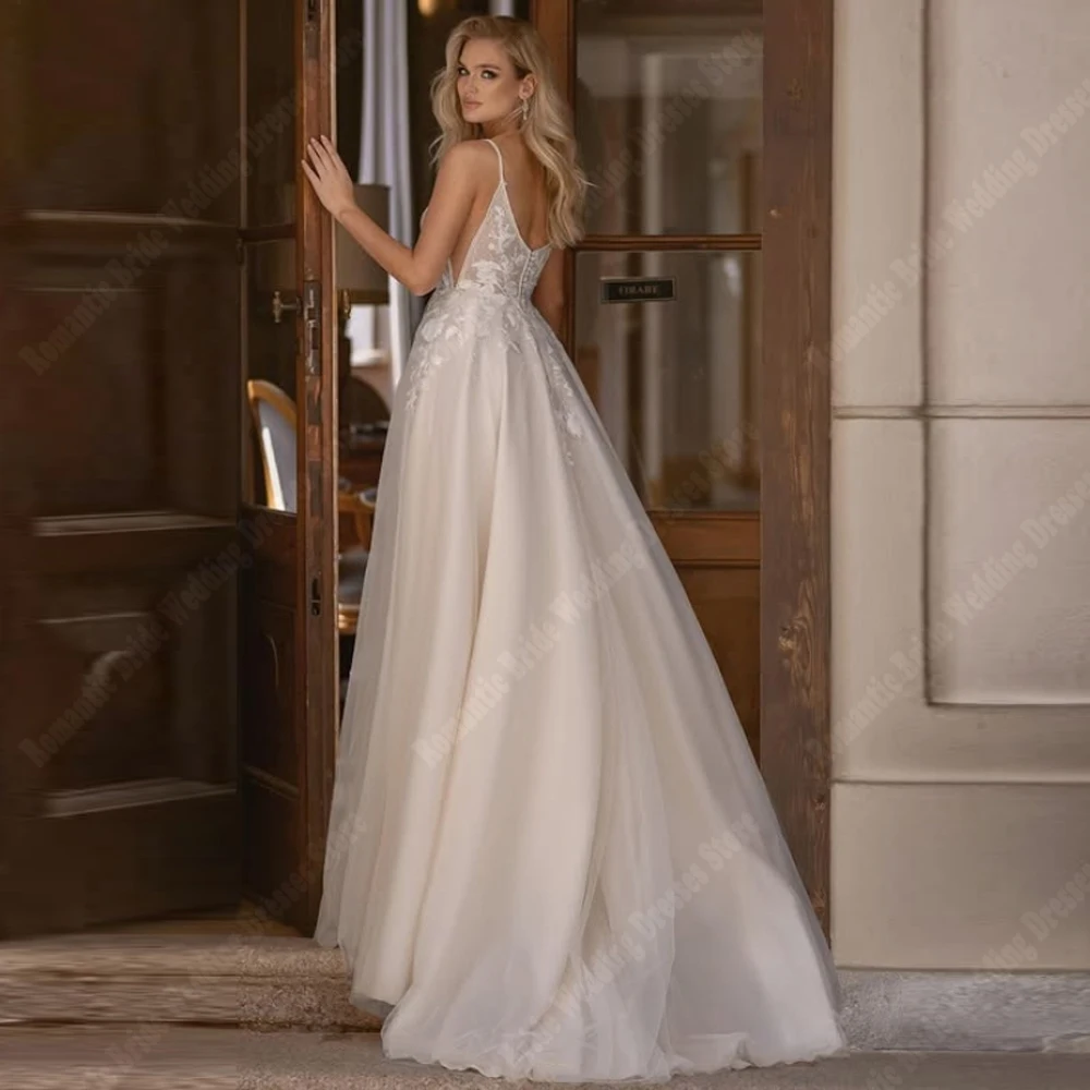 Abiti da sposa da donna senza maniche con scollo a V sexy Abiti da sposa eleganti con stampa in pizzo A-Line Lunghezza lavata Abiti da sposa personalizzati